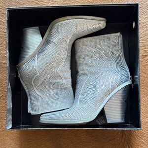 Metallic Silver Rhinestone Western Booties - Women's Ankle Boots